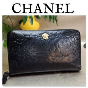 Authentic Chanel Lambskin Camellia Embossed Zip Around Organizer Wallet Black